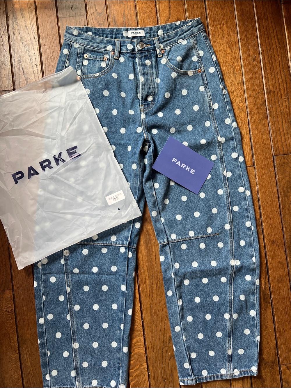 PARKE Denim White Polka Dot Horseshoe Jeans Size 27 New In Bag NWT